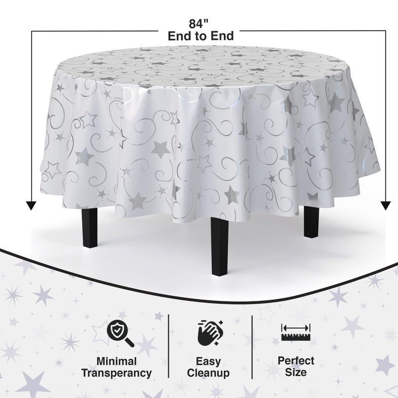 Exquisite Silver Star Tablecloth Plastic 12-Pack Disposable Round Tablecloths 84" Silver Star Table Cloths Round Table Covers Plastic Tablecloth for Party Decorations - Image 3